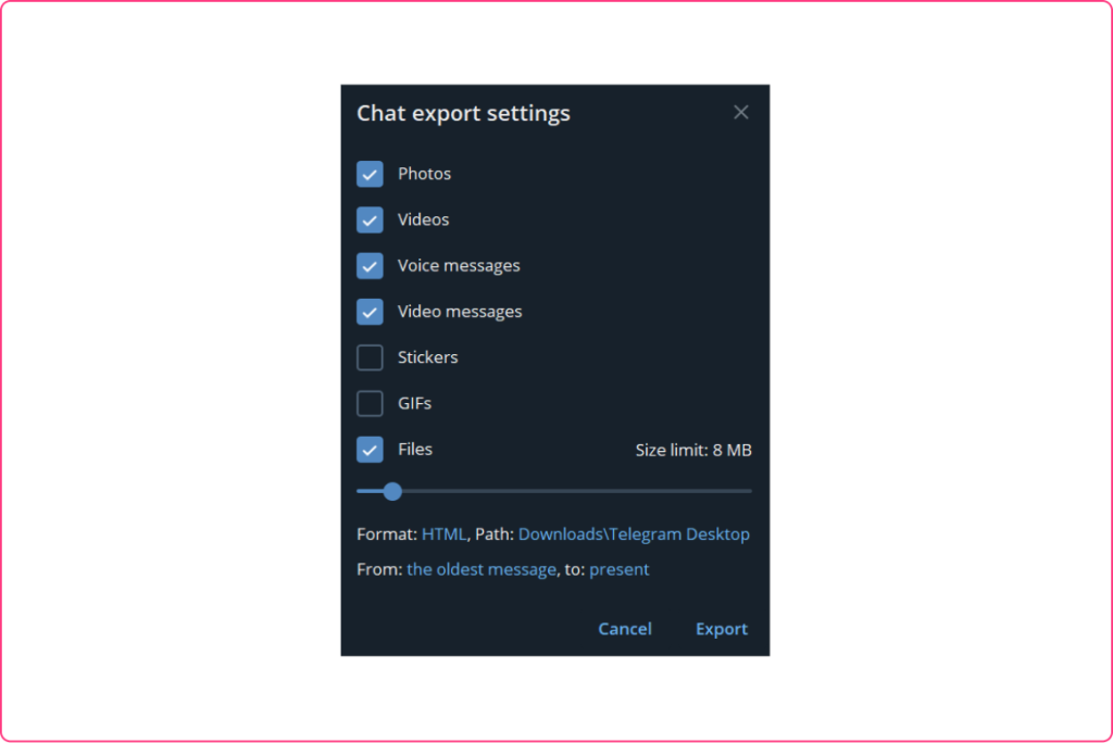 An image describing a step in the CEL Solicitors help centre guide, How to download and export Telegram messages to your computer